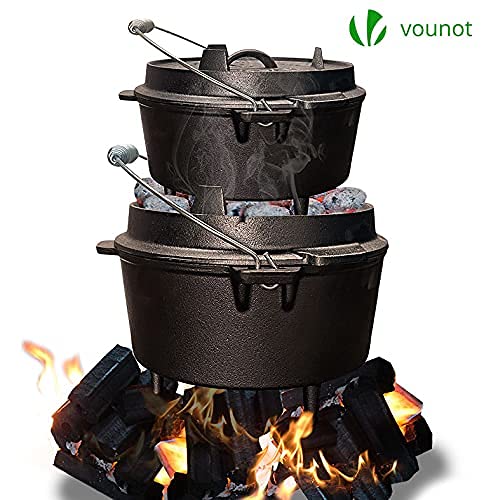 VOUNOT Dutch Oven Set 4.25 liters, pre-seasoned cast iron fire pot for garden campfire camping, with legs, lid, lid lifter, and carrying bag.