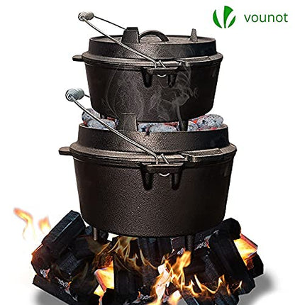 VOUNOT Dutch Oven Set 4.25 liters, pre-seasoned cast iron fire pot for garden campfire camping, with legs, lid, lid lifter, and carrying bag.