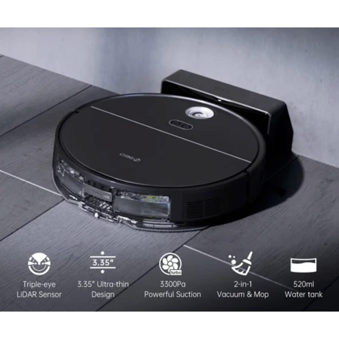 360 S10 robot vacuum and mop (3300Pa suction power, up to 180min battery life, 500ml dustbin, 520ml water tank, LDS sensors for 360° coverage, controllable via app and voice assistants).