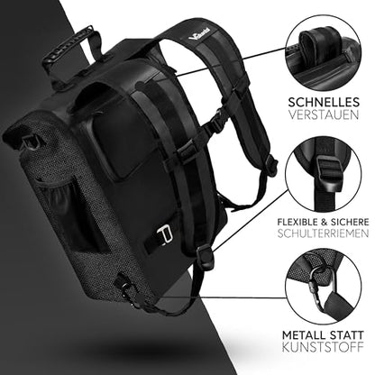 Valkental® 3in1 Bike Bag [Up to 25L] - The Original - Can be used as a pannier bag, backpack, and shoulder bag - 100% Waterproof & Reflective - Secure attachment [Lockable] Laptop compartment