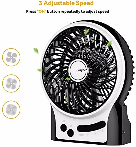 EasyAcc Desk Fan Battery, USB Fan Battery Portable Mini Fan with Side Light 2600 Battery 3 Speeds Table Fan Battery Fan Travel, Home, Outdoor, Office, Camping