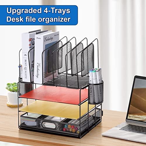 Restorgan Mesh Desk Organizers, Desk Organizer with drawer, 4-tier Mesh Desk Organizer with 5 vertical file holders and 2 pen holders.