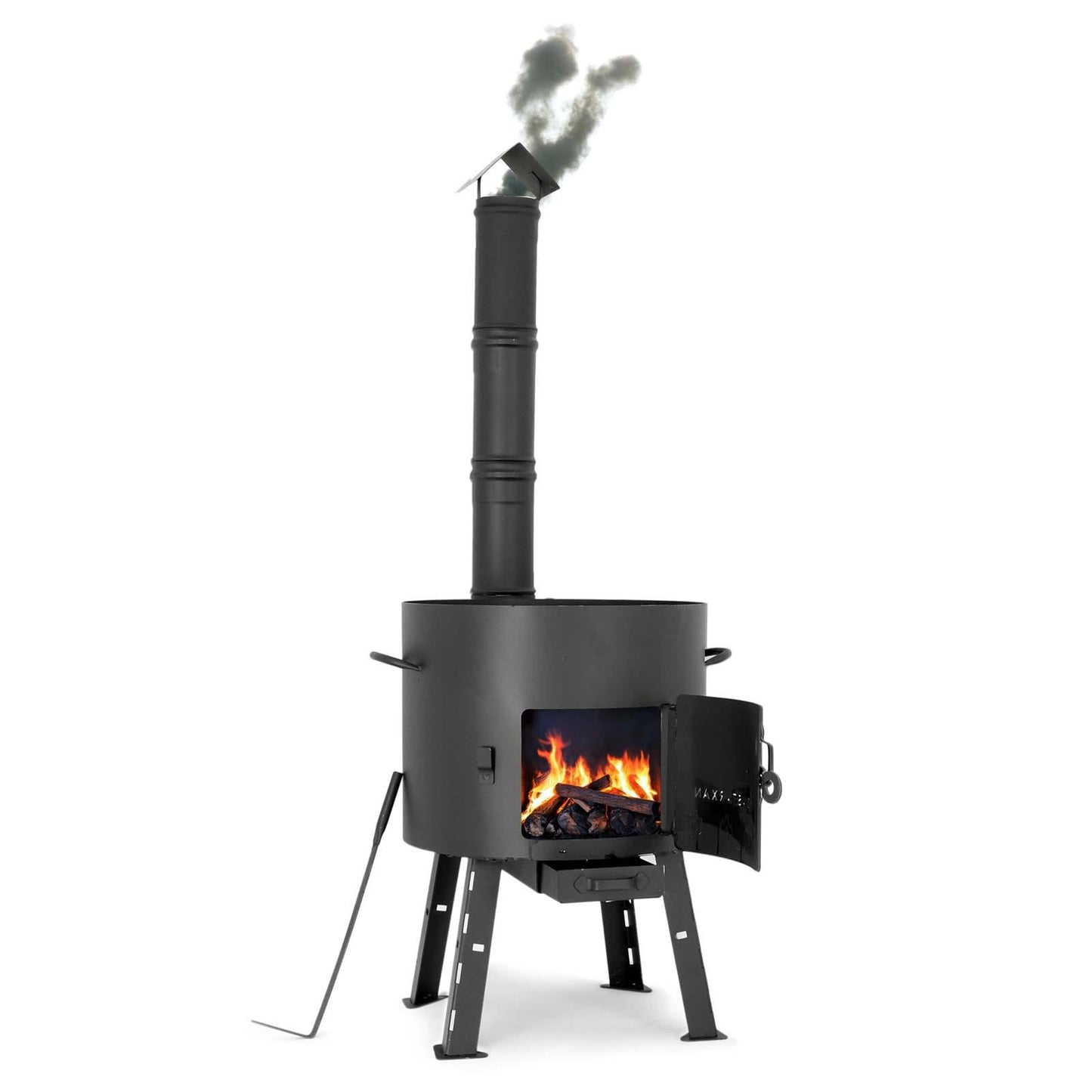 41cm fire pit made of 2mm steel with flu pipe. Outdoor kitchen with 12L pot and flat-bottomed kazan. Ideal for camping and cooking outdoors with ladle, soup ladle, and grill grate.
