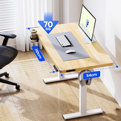 FLEXISPOT Height Adjustable Desk Basic 110x60cm - Ergonomic Sit-Stand Desk with Hooks and CUP HOLDER - Memory Hand Control (Maple)
