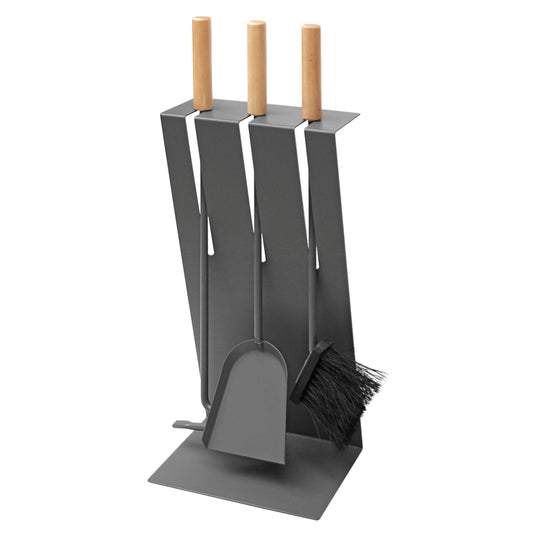 raik Fireplace Tools Gustav 3-piece set made of steel Fireplace utensils in anthracite grey Fireplace set with wooden handles shovel broom and poker 60x23x17 cm