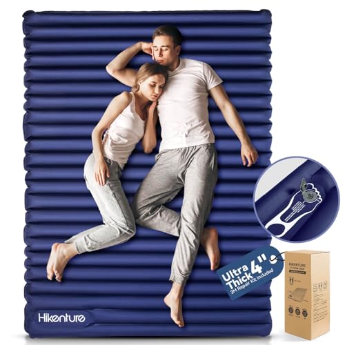 HIKENTURE Double Sleeping Pad - Inflatable Camping Air Mattress - Lightweight and Compact - for Backpacking, Hiking, Tent, Dark Blue with Foot Pump