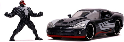 Jada Toys Marvel Venom, 2008 Dodge Viper, SRT10, die-cast toy car with opening doors, trunk, and hood, includes die-cast Venom figure, 1:24 scale, black