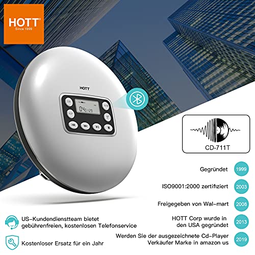 HOTT CD711T Portable Bluetooth CD Player Rechargeable for home, on-the-go, and in the car with stereo headphones and Anti-Shock Protection-Silver