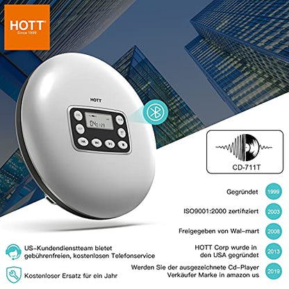 HOTT CD711T Portable Bluetooth CD Player Rechargeable for home, on-the-go, and in the car with stereo headphones and Anti-Shock Protection-Silver