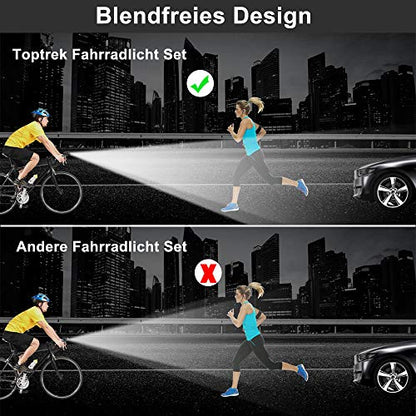Toptrek bike light set 70/30Lux light modes LED bike light IPX5 waterproof bike lamp USB rechargeable bike light includes front light and rear light.