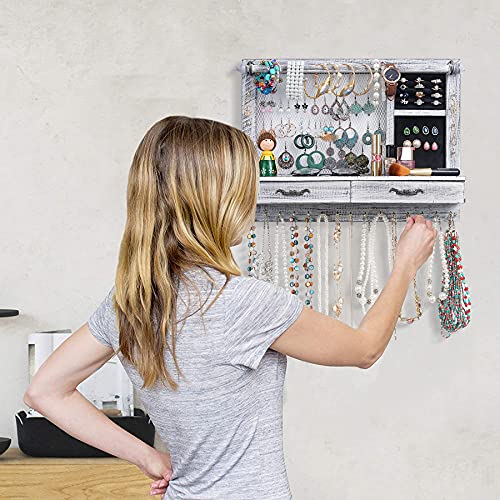 QILICZ Wall Mount Jewelry Organizer Jewelry Holder with Bracelet Bar, 21 Hooks, Drawer Jewelry Storage for Earrings, Studs, Necklaces, Bracelets, Rings, and Accessories
