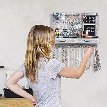 QILICZ Wall Mount Jewelry Organizer Jewelry Holder with Bracelet Bar, 21 Hooks, Drawer Jewelry Storage for Earrings, Studs, Necklaces, Bracelets, Rings, and Accessories