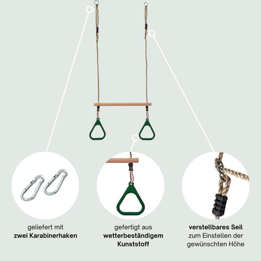 h2i Trapeze Swing with Gymnastic Rings | Wooden Trapeze Bar with Ropes & Carabiner | Plastic Gymnastic Rings in Green | Kids Swing for Outdoor & Indoor Use | Children's Gymnastics Equipment