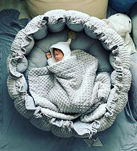 LOOLAY Babynest 3in1 XXL – Baby nest, play mat, and travel bed 90/155cm - Handmade from cotton with ruffles - Perfect for twins (Dandelion Grey/Minky Grey)