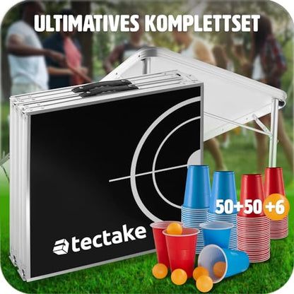 tectake® Beer Pong Table, includes 100 cups (50 red & 50 blue) and 6 balls, adjustable height, foldable table with carry handles, adult party games, drinking game