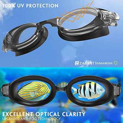 ZABERT Swim Goggles, W5 Swimming Goggles for Adults Men Women Kids 8+ Years Swimming Goggles Anti-fog UV Protection Large Triathlons Competitions Swim Goggles Black Grey