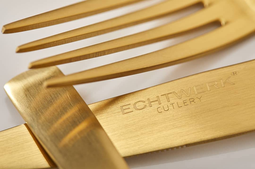 "Avelino" 68-piece PVD gold matte stainless steel flatware set by Echtwerk for 12 people. Includes storage case.