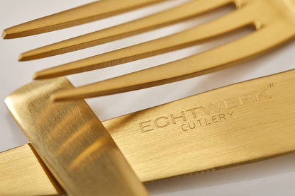 "Avelino" 68-piece PVD gold matte stainless steel flatware set by Echtwerk for 12 people. Includes storage case.