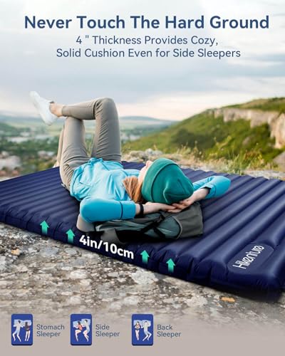 HIKENTURE Double Sleeping Pad - Inflatable Camping Air Mattress - Lightweight and Compact - for Backpacking, Hiking, Tent, Dark Blue with Foot Pump