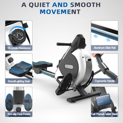 Neezee rowing machine with 16-level magnetic resistance, super quiet rowing machine with LCD display, aluminum slide rail and tablet holder, upgraded home rowing machine, black.