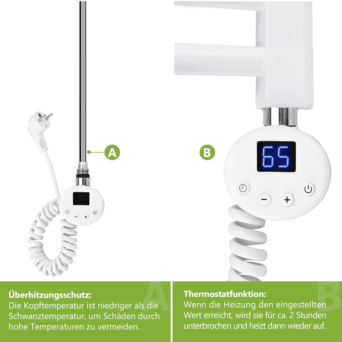 S'AFIELINA Heating Element with Thermostat for Bathroom Towel Warmer 300 watts European Plug White