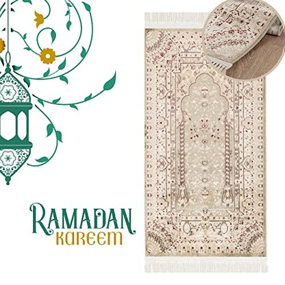 paid Carpet Prayer rug - Runner Seccade Namaz - 70x125cm - Beige Green Red - with fringes Islam Soft Oriental Living room Wall decoration