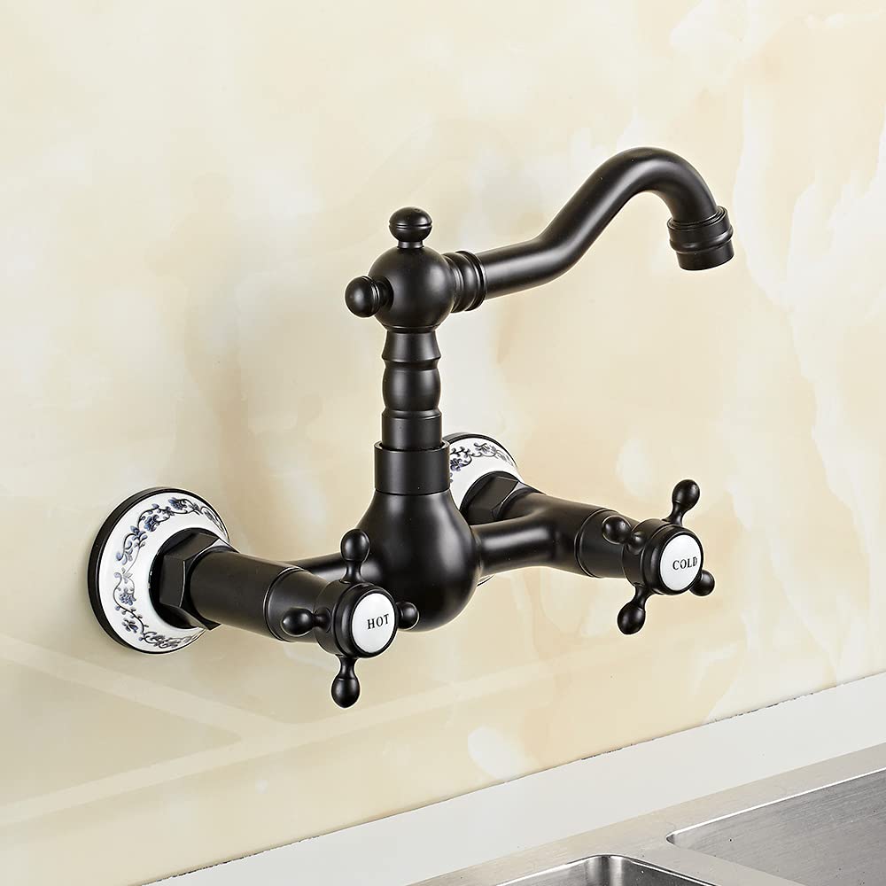 360° Rotatable Wall Mount Kitchen Faucet Brass Antique Wall Mounted Double Handle Sink Faucet Basin Faucet Water Tap Wall Bathroom Faucet Retro Basin Mixer for Kitchen (Black)