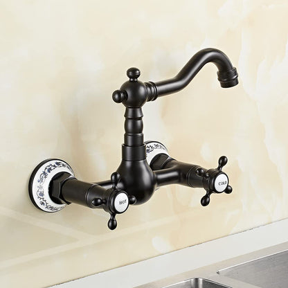 360° Rotatable Wall Mount Kitchen Faucet Brass Antique Wall Mounted Double Handle Sink Faucet Basin Faucet Water Tap Wall Bathroom Faucet Retro Basin Mixer for Kitchen (Black)