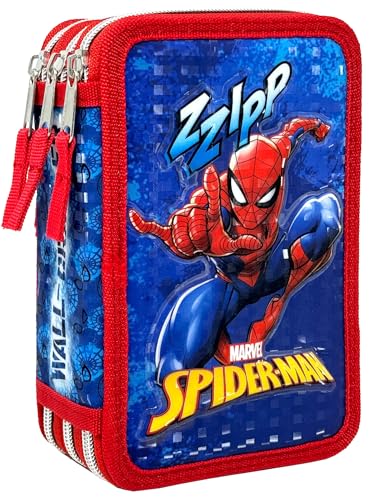 Clondo Triple Filled Pencil Case for Kids, for Spiderman Fans, Boys, 44 School Supplies, 3 Zippers, Colored Pencils, Markers