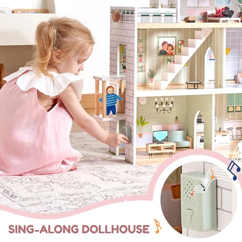 Giant wooden dollhouse, 80cm tall, with elevator, doorbell, lights, 15 furniture pieces, and 3 dolls. Toy gift for girls ages 3+.