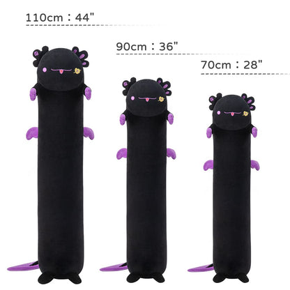 Mewaii Axolotl plush toy in black color, 110cm long. Made of soft fabric, great as a stuffed animal or cuddly pillow gift.