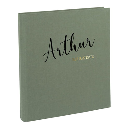 AWASG Testimonial Folder for Children personalized with names | Document folder ring binder for girls boys | Testimonial folder linen for sorting certificates and testimonials (Olive)