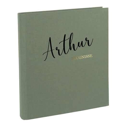 AWASG Testimonial Folder for Children personalized with names | Document folder ring binder for girls boys | Testimonial folder linen for sorting certificates and testimonials (Olive)
