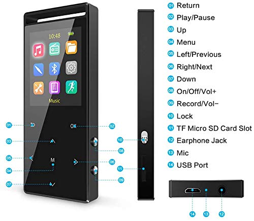 64GB MP3 Player, MUSRUN MP3 Player with Bluetooth Armband, HiFi, AUX recording, Sleep timer, FM radio, FM recording, Matte Black