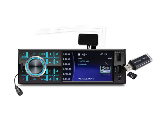 Caliber car radio with Bluetooth, AUX in, DAB, DAB Plus, FM, SD, USB, 4 inch display, rear camera input, 4x 55 watts, black, 1 Din.