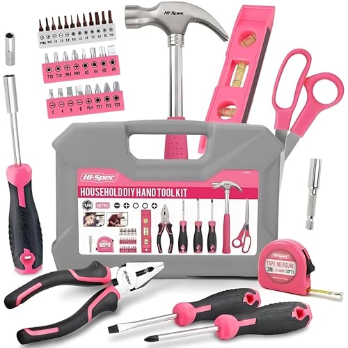 Hi-Spec tool kit for women. Compact tool box filled with pink tools, screwdriver bit set for repairs. 42-piece tool set.