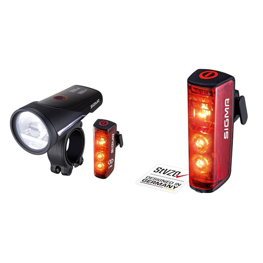 SIGMA SPORT bike light set Aura 100 USB/Blaze Link & Blaze | LED bike light | StVZO approved, rechargeable rear light with brake light, rear