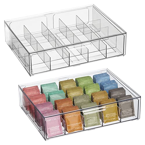 mDesign storage box for tea bags, coffee pods, sugar, etc. - compact plastic tea box with 20 compartments - kitchen organizer with a drawer - 2-pack - transparent