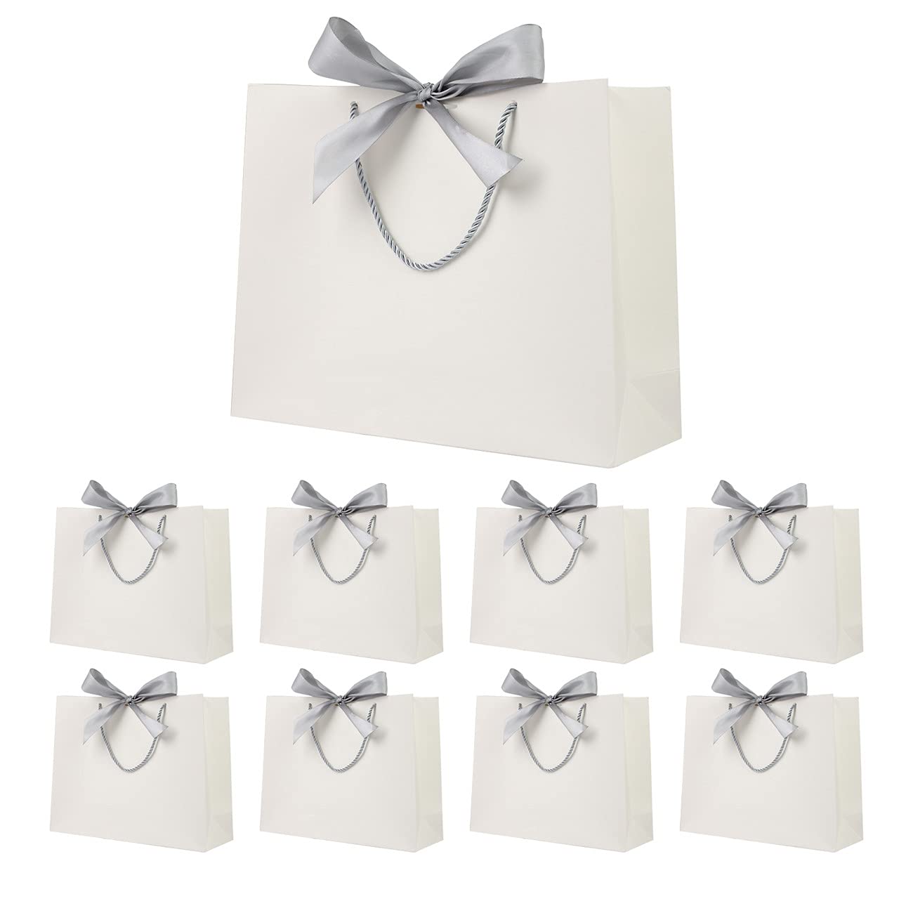 Gift bags with silver ribbon, luxurious gift bags for birthday, wedding, party, bridesmaid, bridal party, 32 x 24.9 x 9.9 cm, white, 8 pieces.