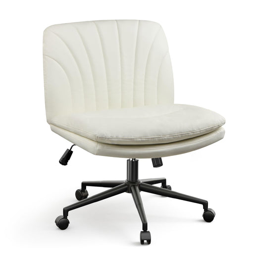 Naspaluro Office Chair Without Armrests, Desk Chair with PU Leather, Reading Chair with Wider Cushion for Cross-Legged Sitting, Rocking Function, Height Adjustable, 360° Swivel Chair for Home, Cream Color
