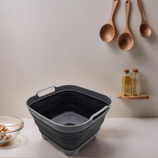 SAMMART TPE and Polypropylene, 10 liters collapsible wash basin with drain plug - Portable dishwashing tub - Space-saving kitchen storage compartment (Gray/Black, 1)