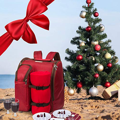 Apollo Walker picnic backpack 2-person picnic set (set & blanket) thermal bag coolers for camping, beach, hiking Red