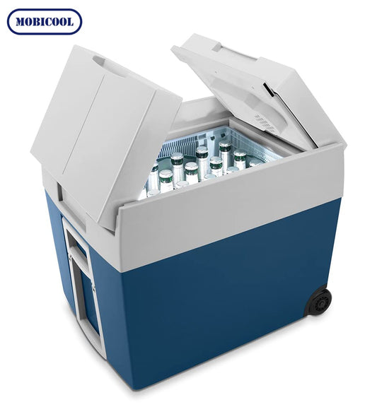 Mobicool MT48W AC/DC - electric cooler with wheels suitable for a complete crate of drinks/beer, 48 liters, 12V and 230V for car, truck, boat, camper, and socket.