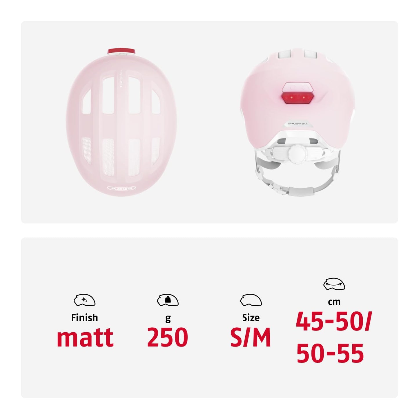 ABUS children's helmet Smiley 3.0 ACE LED - bicycle helmet with light - deep fit & space for a ponytail - for girls and boys - Pure Rose, size S
