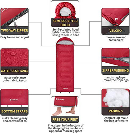 KingCamp Children's Sleeping Bag, Lightweight Warm Outdoor Blanket Sleeping Bags for Kids 3-4 Seasons for Camping Hiking with Carry Bag (Red R Zip, 165x70cm)