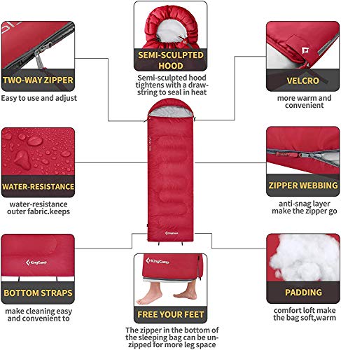 KingCamp Children's Sleeping Bag, Lightweight Warm Outdoor Blanket Sleeping Bags for Kids 3-4 Seasons for Camping Hiking with Carry Bag (Red R Zip, 165x70cm)