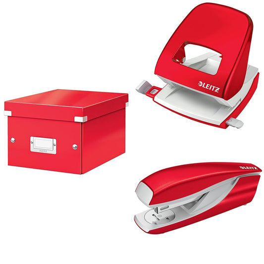 Leitz Set Click & Store storage box with lid, small with hole punch and stapler for 30 sheets, box for documents up to A5 in the office and at home, WOW series, Red, 60430026 + 50081026 + 55021026.