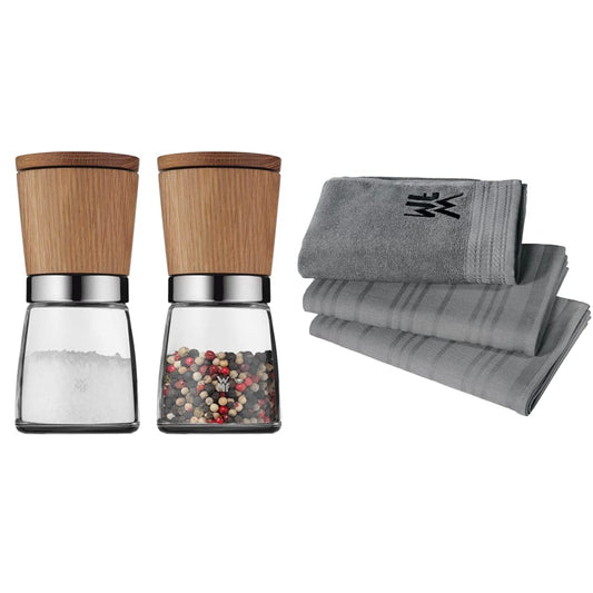 WMF Ceramill Nature Salt and Pepper Mill Set 2-piece, unfilled, for salt, pepper, chilli, salt mill, pepper mill Wood & Kitchen Towel Set 3-piece, hand towel, dish towel, cotton