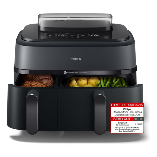 Philips Steam Airfryer 5000 Series Dual Basket - Airfryer & Steamer in one device, 9L, RapidAir Plus Technology, 19 cooking functions, 90% less fat, 2 baskets, steam cleaning (NA550/00)