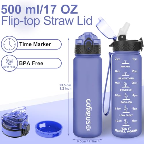 GOPPUS 500ml/17oz Kids Water Bottle Leakproof 0.5L, Sports Bottle for School, Hiking & Gym, 500ml with Straw, BPA-Free